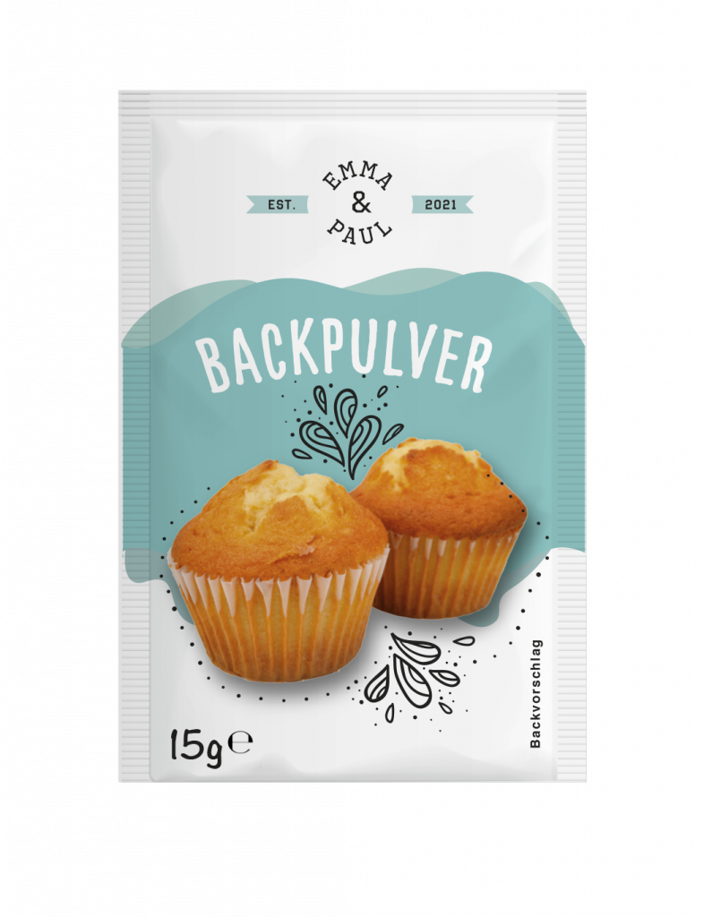Produktverpackung von „Emma & Paul“ Backpulver (15g) mit einer grafischen Abbildung von zwei Muffins als Backvorschlag.