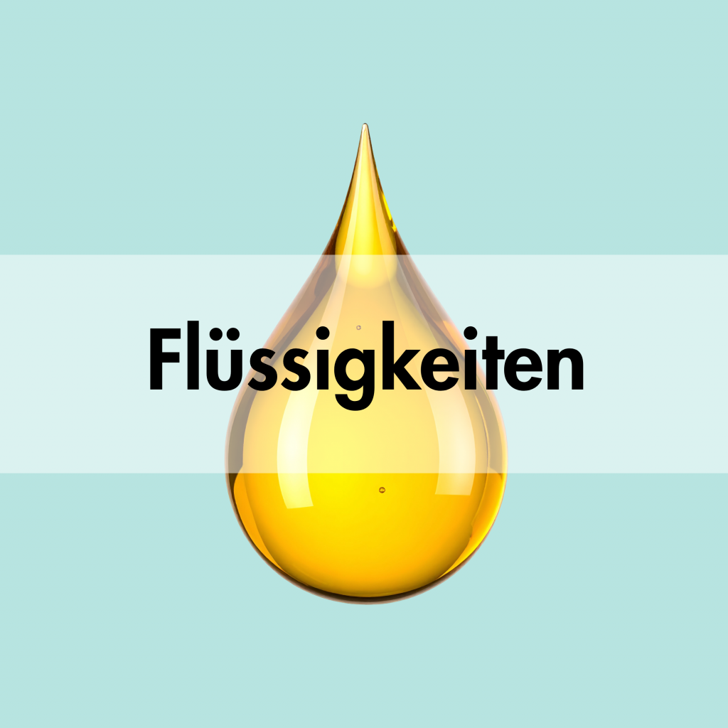 Ein goldener Öltropfen mit dem Text „Flüssigkeiten“.