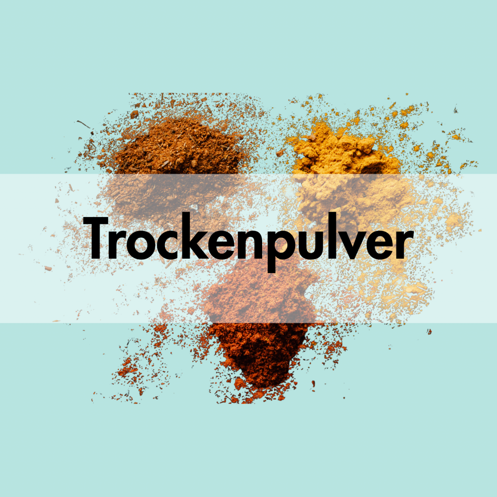 Drei Häufchen verschiedenfarbigen Pulvers mit dem Text „Trockenpulver“.