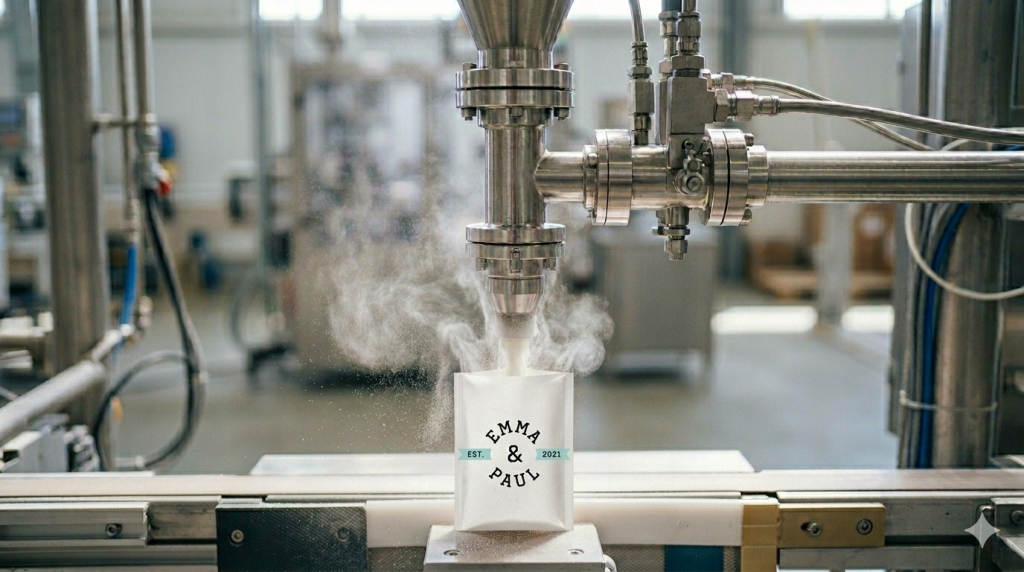 Nahaufnahme einer modernen industriellen Abfüllanlage aus Edelstahl, bei der weißes Backpulver präzise in eine kleine weiße Papiertüte gefüllt wird. Auf der Vorderseite der Verpackung ist das kreisförmige Logo von „Emma & Paul“ mit dem Schriftzug „EST. 2021“ auf einem hellblauen Banner zu sehen. Feiner Pulverstaub in der Luft und ein unscharfer Fabrikhintergrund betonen die authentische Produktionsatmosphäre.