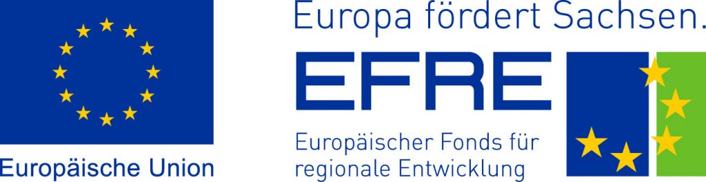 Logo-Kombination: Links die Flagge der Europäischen Union und rechts das Wappen des Freistaates Sachsen mit dem Schriftzug ‚Europa fördert Sachsen‘.