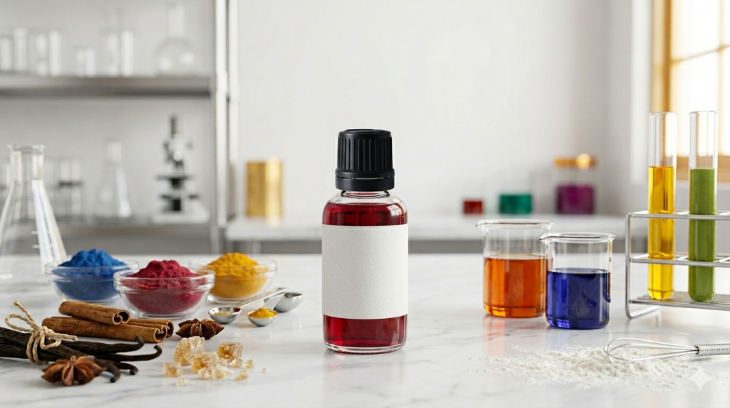 Eine professionelle Produktfotografie in einem modernen Labor zeigt eine kleine Glasflasche mit schwarzem Schraubverschluss und weißem Etikett, gefüllt mit einer tiefroten Flüssigkeit. Um die Flasche herum sind Backzutaten wie Zimtstangen, Vanilleschoten, bunte Pulver in Glasschalen und Laborbecher mit farbigen Extrakten auf einer weißen Marmoroberfläche arrangiert.