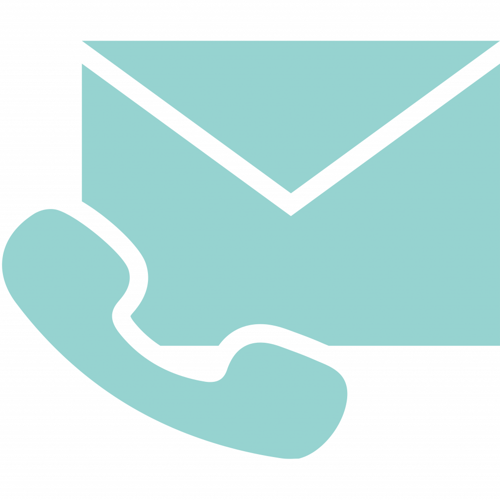 Ein türkisgrünes Symbol, das einen Briefumschlag (E-Mail) und einen Telefonhörer darstellt und auf Kontaktmöglichkeiten hinweist.