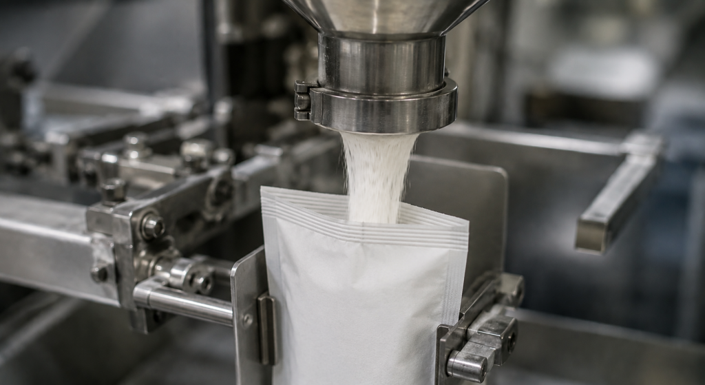 Industrielle Abfüllanlage füllt feines Pulver in einen weißen Beutel auf einer Produktionslinie.