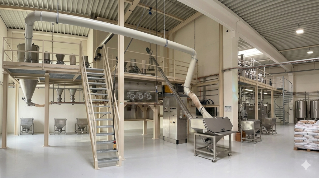 Eine moderne, weitläufige Industriehalle mit einer mehrstöckigen Mischanlage aus Edelstahl, verschiedenen Trichtern, Rohrleitungssystemen, Schaltschränken und einer Metalltreppe auf hellem Industrieboden.