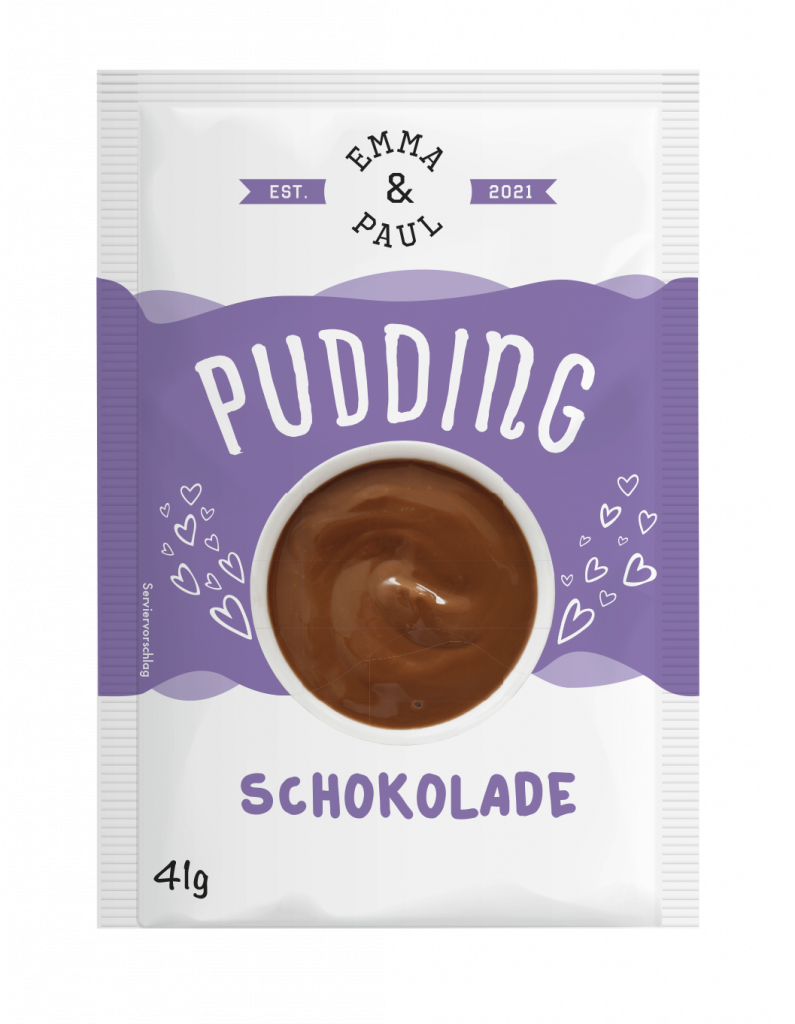 Tüte Puddingpulver Schokolade der Marke Emma & Paul, 41g, mit Schokoladenpudding als Serviervorschlag