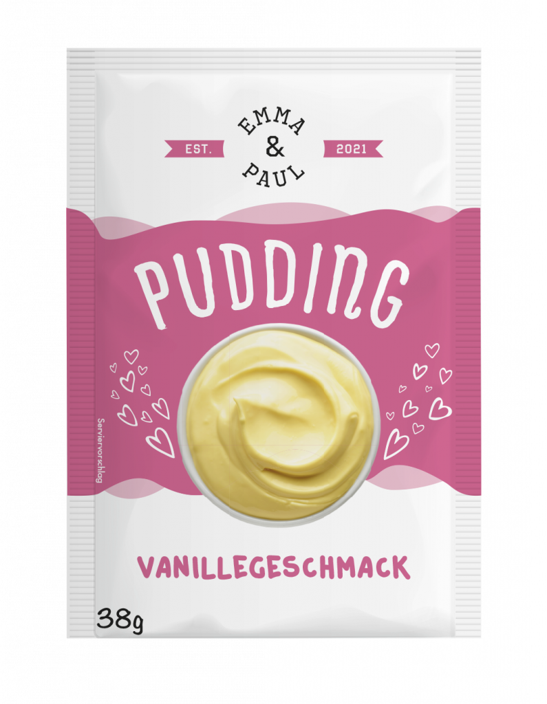 Tüte Puddingpulver Vanillegeschmack der Marke Emma & Paul, 38g, mit Vanillepudding als Serviervorschlag