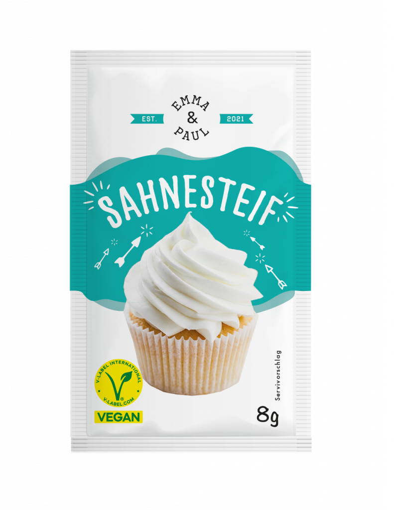 Tüte Sahnesteif der Marke Emma & Paul, 8g, mit Cupcake als Serviervorschlag