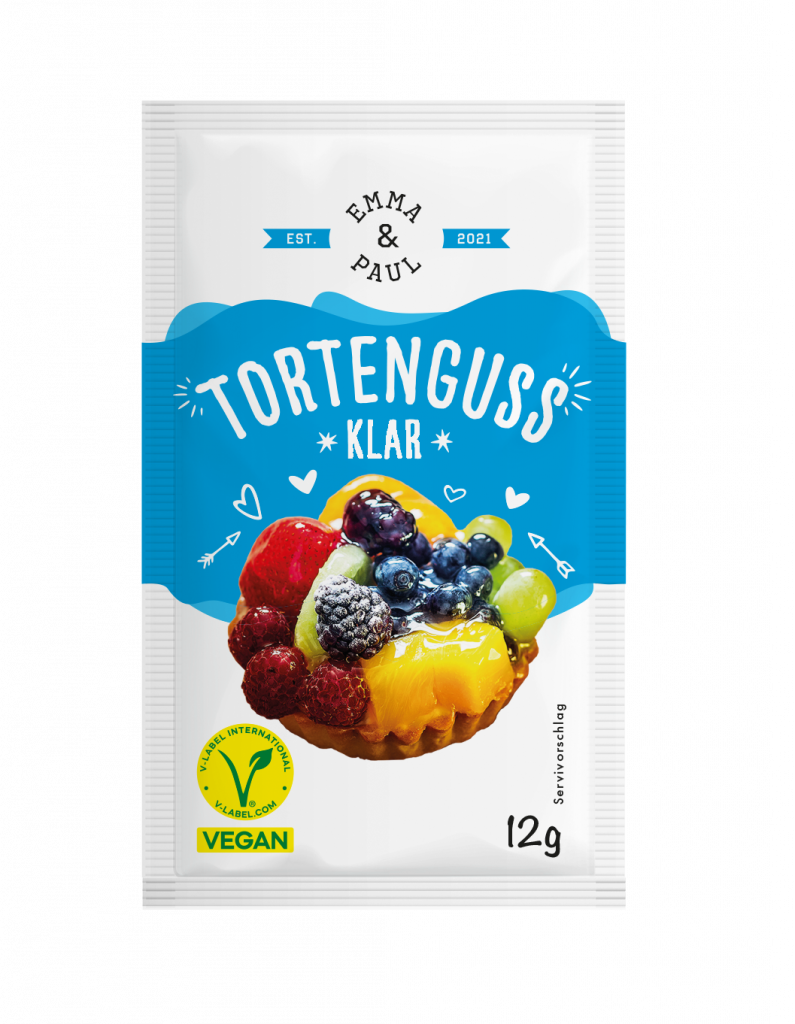 Tüte Tortenguss Klar der Marke Emma & Paul, 12g, mit Obsttörtchen als Serviervorschlag