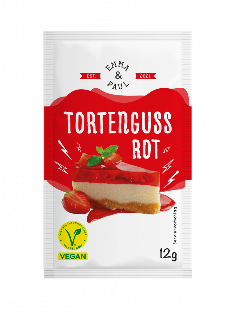 Tüte Tortenguss Rot der Marke Emma & Paul, 12g, mit Erdbeertorte als Serviervorschlag