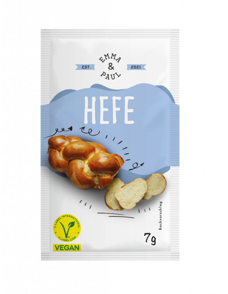 Tüte Trockenhefe der Marke Emma & Paul, 7g, mit Hefezopf als Backvorschlag