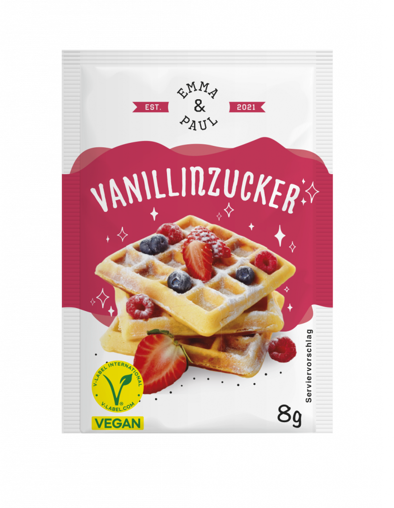 Tüte Vanillinzucker der Marke Emma & Paul, 8g, mit Waffeln und Beeren als Serviervorschlag