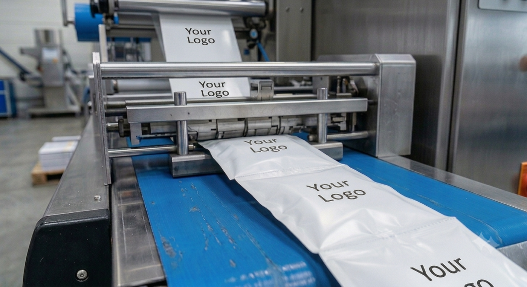 Weiße Verpackungsbeutel mit aufgedrucktem Logo laufen auf einem Förderband durch eine industrielle Verpackungsmaschine.